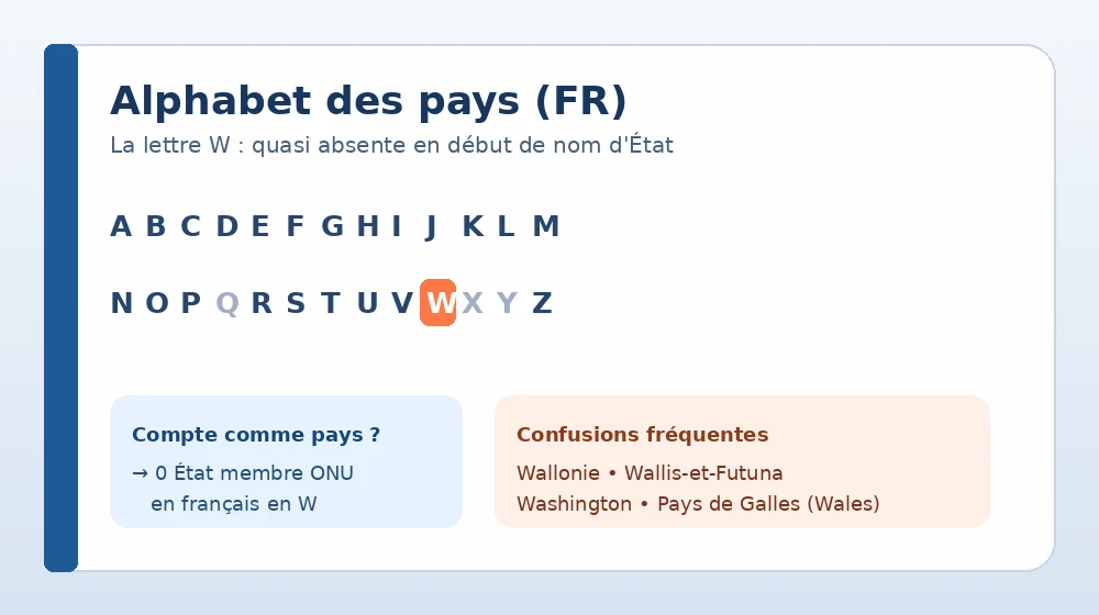 Alphabet des pays en français avec la lettre W mise en évidence : zéro État ONU