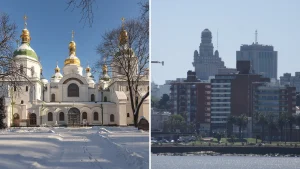 Cathédrale Sainte-Sophie de Kyiv (Ukraine) et centre de Montevideo (Uruguay), les deux pays en U
