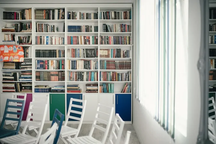 Rayonnages de bibliothèque remplis de livres, pour illustrer la préposition parmi (un livre parmi d’autres)