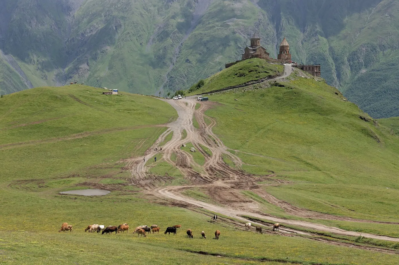 Église de la Trinité de Guerguéti sur une colline du Caucase, troupeau au premier plan, Géorgie, pays en G