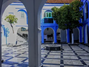 Cour à arcades peintes en bleu et blanc avec fontaine et orangers dans la médina de Chefchaouen, au Maroc, pays en M