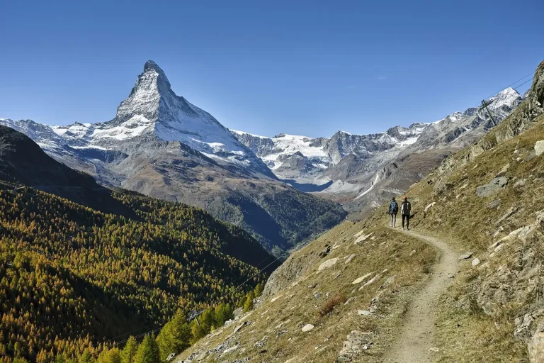 Le Cervin (Matterhorn) enneigé dominant une vallée de mélèzes dorés près de Zermatt, en Suisse, pays en S