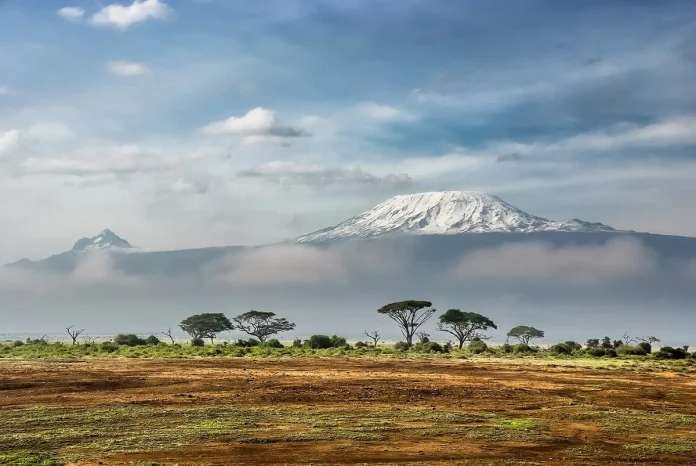 Le Kilimandjaro et son sommet enneigé au-dessus de la savane et des acacias, plus haut sommet d’Afrique, en Tanzanie, pays en T